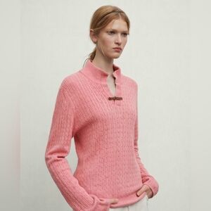 Massimo Dutti Pink Cable Knit Sweater Leather Elbow Patch Soft Cotton Cashmere